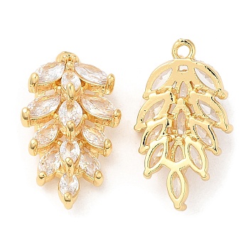 Brass and Clear Cubic Zirconia Pendants, Leaf, Real 18K Gold Plated, 22.5x12.5x7mm, Hole: 1.4mm