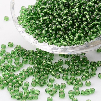 8/0 Glass Seed Beads, Silver Lined Round Hole, Round, Green, 8/0, 3mm, Hole: 1mm, about 1111pcs/50g, 50g/bag, 18bags/2pounds