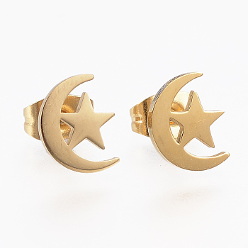 304 Stainless Steel Stud Earrings, Hypoallergenic Earrings, Moon and Star, Golden, 9x7x1mm, Pin: 0.8mm