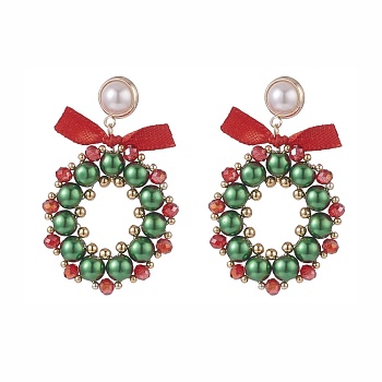 Glass Pearl Braided Christmas Wreath Dangle Stud Earrings, Brass Wire Wrap Drop Earrings for Women, Colorful, 47mm, Pin: 0.8mm