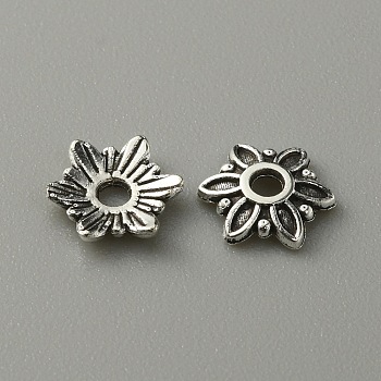 Tibetan Style Alloy Bead Cap, Flower, 6-Petal, Antique Silver, 8x1.5mm, Hole: 1.6mm, 50pcs/bag