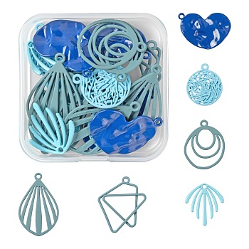 24Pcs 6 Style Blue Series Spray Painted Alloy Pendants, Oval & Fan & Branch & Geometric & Heart, Mixed Color, 19~33x18.5~27x1~3mm, Hole: 1.6~2mm, 4pcs/style