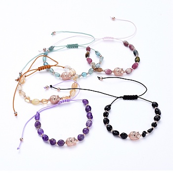 Adjustable Nylon Thread Braided Bead Bracelets, with Natural Gemstone Beads and Brass Beads, Buddha Head, Inner Diameter: 1-3/4 inch~3-3/4 inch(4.5~9.5cm)