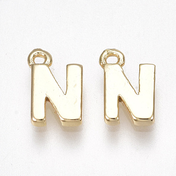 Brass Charms, Letter, Nickel Free, Real 18K Gold Plated, Letter.N, 8.5x5.5x1.5mm, Hole: 0.8mm