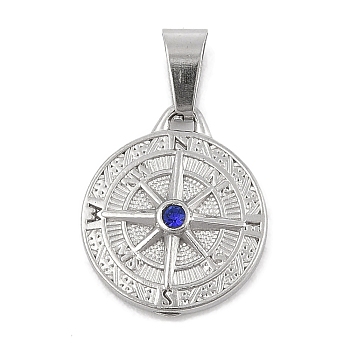 304 Stainless Steel Rhinestone Pendants, Flat Round with Compass Charm, Stainless Steel Color, 19x16x4mm, Hole: 3x7.5mm