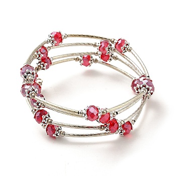 Fashion Wrap Bracelets, with Rondelle Glass Beads, Tibetan Style Bead Caps, Brass Tube Beads and Steel Memory Wire, Red, Inner Diameter: 55mm