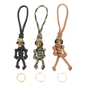 3Pcs 3 Colors Polypropylene Braided Corn Knot Keychain, with Brass Skull, Halloween, Mixed Color, 153x29x21mm, 1pc/color