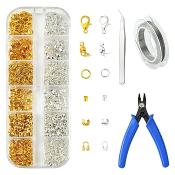 DIY Bead Jewelry Making Kit, Including Zinc Alloy Lobster Claw Clasps, Iron Crimp Beads Covers & Open Jump Rings & Bead Tips, Carbon Steel Crimper Pliers, Brass Crimp Beads, Golden & Silver, 3~132x0.38~9.6x0.15~3mm, Hole: 0.5~3.5mm