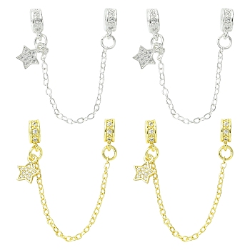 4Pcs 2 Colors Brass Pave Clear Cubic Zirconia European Safety Chains with Charms, Long-Lasting Plated, Rack Plating, Star, Golden & Silver, 83mm, Hole: 4mm, Star: 10x8x1.5mm, 2pcs/color