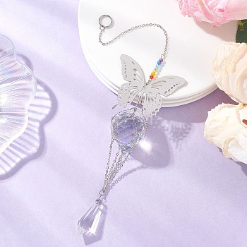 Butterfly 201 Stainless Steel Connector Charms and Glass Suncatchers, with Brass Cable Chains, Stainless Steel Color, 295~300mm