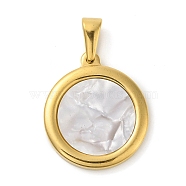 Resin Imitation White Shell Pendants, Golden Tone 304 Stainless Steel Charms, Flat Round, 29x25x3.5mm, Hole: 8x4.2mm(STAS-R229-10E-G)