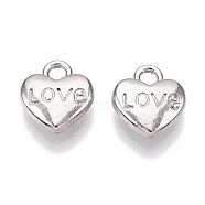 Valentine's Day Rack Plating Alloy Pendants, Heart with Word LOVE, Platinum, 9.5x9x3mm, Hole: 1.8mm(FIND-N005-09P)