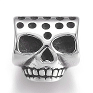 304 Stainless Steel Beads, Large Hole Beads, Skull, Antique Silver, 12.5x13x11mm, Hole: 6mm(STAS-O101-14AS)