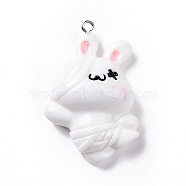 Opaque Resin Pendants, Cute Rabbit Charms, with Platinum Tone Iron Loops, White, 32x27.5x13.5mm, Hole: 2mm(RESI-D063-04A)