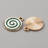 Christmas Themed Alloy Enamel Pendants, Golden, Flat Round with Vortex Pattern, Dark Green, 18x15x1.3mm, Hole: 1.6mm(ENAM-WH0058-017A)