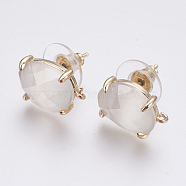 Faceted Glass Stud Earring Findings, with Loop, Light Gold Plated Brass Findings, Oval, White, 14x10x5mm, Hole: 1mm, Pin: 0.8mm(GLAA-F084-A07)