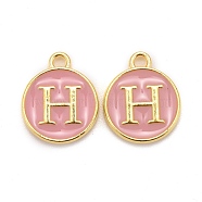 Golden Plated Alloy Enamel Charms, Cadmium Free & Lead Free, Enamelled Sequins, Flat Round with Letter, Pink, Letter.H, 14x12x2mm, Hole: 1.5mm(ENAM-S118-07H)