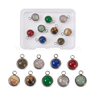 9Pcs 9 Styles Natural Mixed Stone Charms, with Stainless Steel Color Plated 304 Stainless Steel Findings, Half Round, 13.5x10x7.5mm, Hole: 2.5mm, 9 styles, 1pc/style(G-FW0001-28)