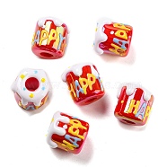 Opaque Acrylic European Beads, with Enamel, Large Hole Beads, Cake with Word Happy, Red, 16.4x15.8x15.8mm, Hole: 6.5mm(OACR-E025-08)