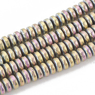 Electroplate Non-magnetic Synthetic Hematite Beads Strands, Heishi Beads, Flat Round/Disc, Rainbow Plated, 4x2mm, Hole: 1mm, about 210pcs/strand, 16.14 inch(G-N0318-01D)