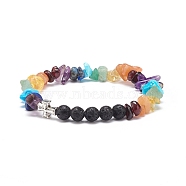 Natural & Synthetic Mixed Stone Chips & Lava Rock & Alloy Cross Stretch Bracelets, 7 Chakra Jewelry for Women, Inner Diameter: 2 inch(5.05cm)(BJEW-JB08570)