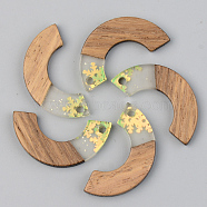 Transparent Resin & Walnut Wood Pendants, with Glitter Paillettes, Arc, Green Yellow, 28x14x3mm, Hole: 2mm(RESI-S389-007A-D01)
