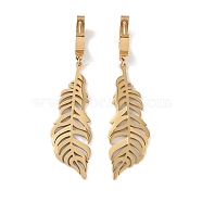 Feather 304 Stainless Steel Dangle Earrings, Hoop Earrings for Women, Real 18K Gold Plated, 55x14mm(EJEW-L283-023G)