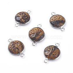 Natural Tiger Eye Links connectors, with Platinum Tone Brass Cabochon Connector Settings, Flat Round with Tree, 23~24x15~16x5~6mm, Hole: 2.5mm(G-G807-F02)