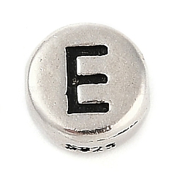 925 Sterling Silver Flat Round with Letter Beads, with 925 Stamp, Antique Silver, Letter E, 6.5x3mm, Hole: 1.2mm(STER-G044-01AS-E)