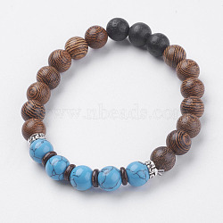 Natural Lava Rock & Wenge Wood Beads & Coconut Stretch Bracelets, with Synthetic Turquoise and Alloy Findings, 2 inch(5~5.2cm)(BJEW-I241-03C)