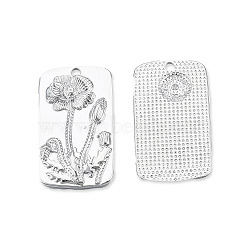 Brass Pendants, Cadmium Free & Nickel Free & Lead Free, Rectangle with Flower, Real Platinum Plated, 28x16x2.5mm, Hole: 1.8mm(KK-N232-451P)