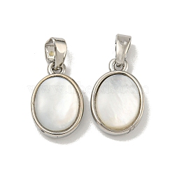 Rack Plating Brass Pave Natural White Shell Oval Charms, Platinum, 13.5x9.5x3.5mm, Hole: 5X2.5mm(KK-U025-07P-01)