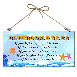 Printed Natural Wood Hanging Wall Decorations, for Front Door Home Decoration, Rectangle with Bathroom Rules, Word, 15x30x0.5cm(WOOD-WH0112-82B)