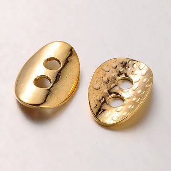 Brass Buttons, 2-Hole, Hammered Oval, Golden, 14x10x1mm, Hole: 2mm