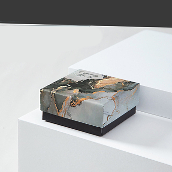 Cardboard Jewelry Set Box, with Sponge inside, Square with Marble Pattern, Black, 7.5x7.5x3.5cm