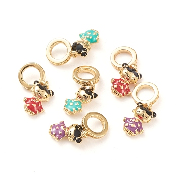 Brass Enamel European Dangle Charms, Large Hole Beads, Long-Lasting Plated, Girl, Real 18K Gold Plated, Mixed Color, 20mm, Hole: 5mm, Flat Round: 11x6.5x4mm