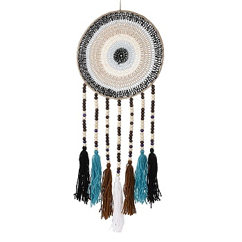 Round Woven Net/Web with Feather Pendant Decoration, Tassel Wall Hanging Decoration, for Home Bedroom Car Ornaments Birthday Gift, Mixed Color, 795x257x10.5mm