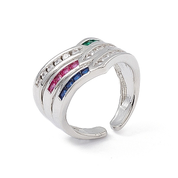 Colorful Cubic Zirconia Arrow Open Cuff Ring, Brass Jewelry for Women, Platinum, Inner Diameter: 17.8mm