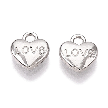 Valentine's Day Rack Plating Alloy Pendants, Heart with Word LOVE, Platinum, 9.5x9x3mm, Hole: 1.8mm