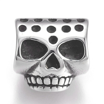304 Stainless Steel Beads, Large Hole Beads, Skull, Antique Silver, 12.5x13x11mm, Hole: 6mm