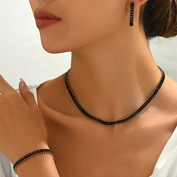 Rectangle Brass Pave Cubic Zirconia Bracelets & Earrings & Necklaces Sets for Women, Black, Necklaces: 16.54 inch(42cm)