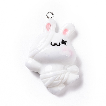 Opaque Resin Pendants, Cute Rabbit Charms, with Platinum Tone Iron Loops, White, 32x27.5x13.5mm, Hole: 2mm