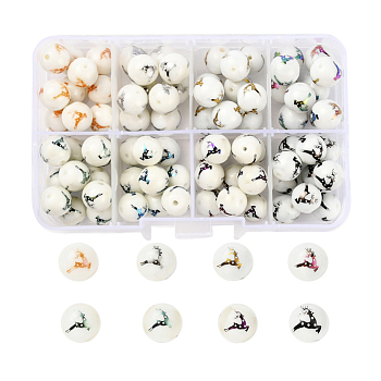 80Pcs 8 Colors Christmas Opaque Glass Beads, Round with Electroplate Deer Pattern, Mixed Color, 10mm, Hole: 1.2mm