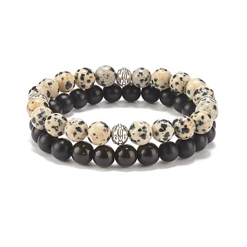 2Pcs 2 Style Natural Golden Sheen Obsidian & Dalmatian & Synthetic Black Stone Round Beaded Stretch Bracelets Set, Gemstone Jewelry for Women, Inner Diameter: 2-1/4 inch(5.8cm), 1Pc/style