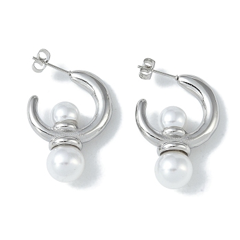 Pearl 304 Stainless Steel Stud Earrings, Lune with Pearl, Stainless Steel Color, 23x10mm