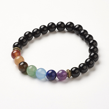 Yoga Chakra Jewelry, Natural Black Agate Beads Stretch Bracelets, 2-1/8~2-3/8 inch(55~60mm)