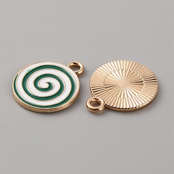 Christmas Themed Alloy Enamel Pendants, Golden, Flat Round with Vortex Pattern, Dark Green, 18x15x1.3mm, Hole: 1.6mm