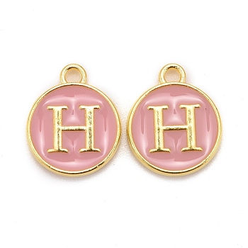 Golden Plated Alloy Enamel Charms, Cadmium Free & Lead Free, Enamelled Sequins, Flat Round with Letter, Pink, Letter.H, 14x12x2mm, Hole: 1.5mm