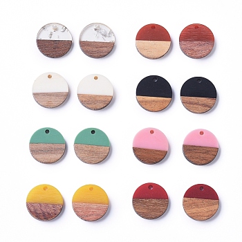 Flat Round Resin & Walnut Wood Pendants, Two Tone, DIY Craft Embellishments, for Jewelry Making, Mixed Color, 18x3.5mm, Hole: 1.5mm, 16pcs/set