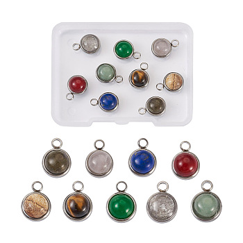 9Pcs 9 Styles Natural Mixed Stone Charms, with Stainless Steel Color Plated 304 Stainless Steel Findings, Half Round, 13.5x10x7.5mm, Hole: 2.5mm, 9 styles, 1pc/style